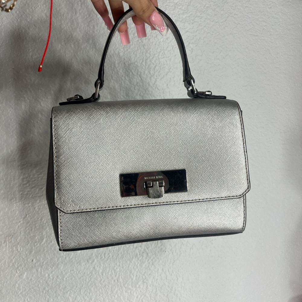 Michael Kors Silver Satchel with Structured Design